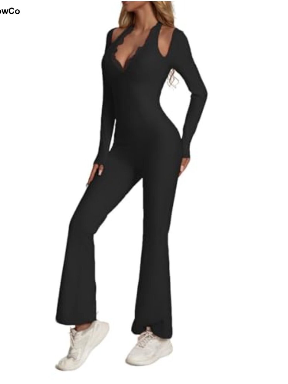 Women's Lace Halter Backless Scrunch Flare Jumpsuit Long Sleeve